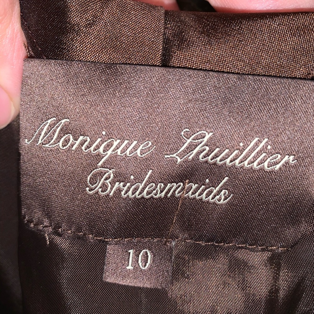 Monique Lhullier V neck brown w/black sash dress - Picture 2 of 9